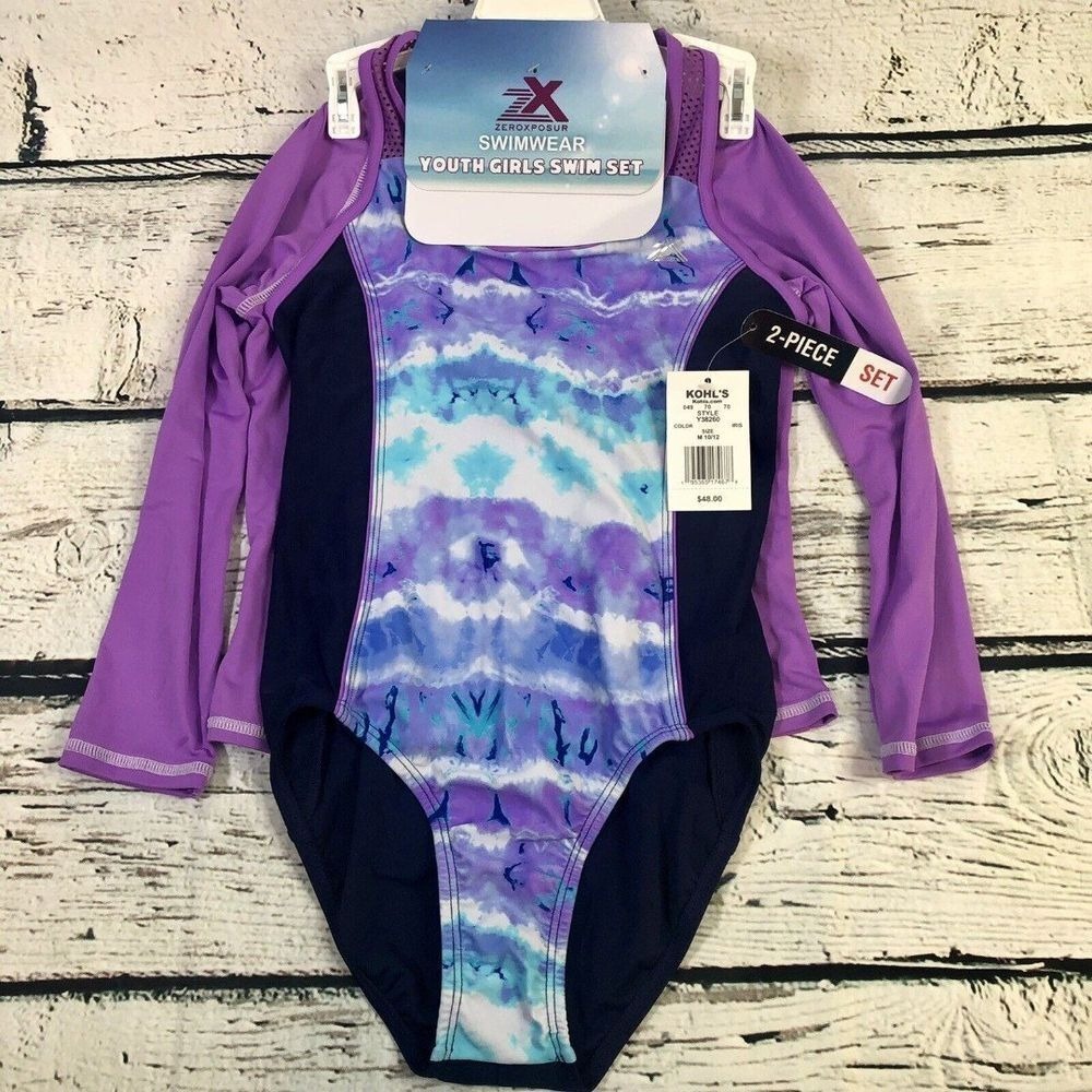 Zero Exposure‎ Swim Set Youth Girls Long Sleeve Rash Guard Swimsuit [10-12] NEW